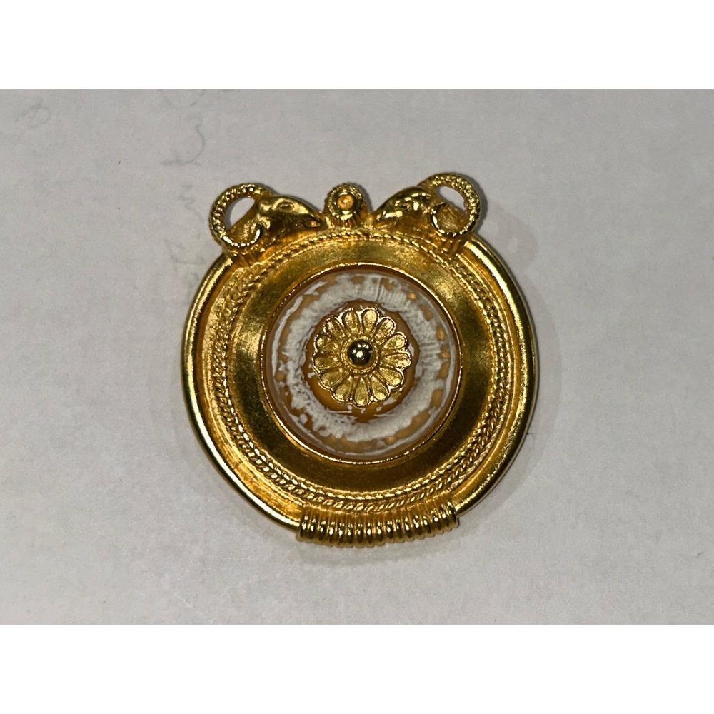 Vintage BEN AMUN Gold Designer Etruscan Brooch Frosted Glass Medallion
